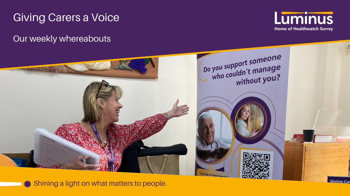 1 of 2: This week (from 19 Feb) Giving Carers a Voice workers will be at:
Mon: Spelthorne carers group, online
Tues: Music Memories, East Horsley @theloopsurrey