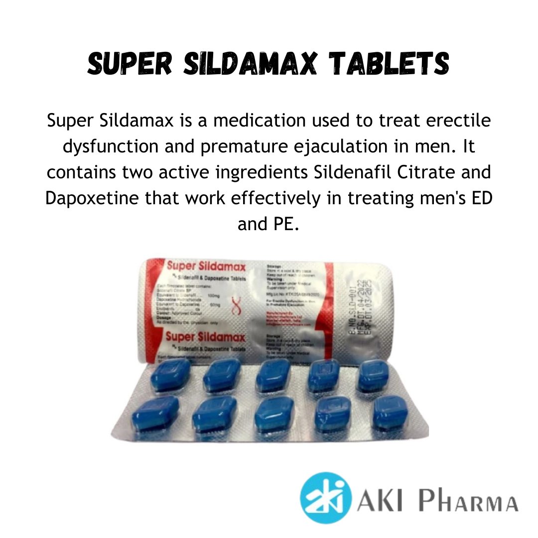 Now get Super sildamax tablets the two-component sildenafil citrate and dapoxetine medications that help men to get rid of erectile dysfunction and premature ejaculation. #sildamax #supersildamax #ed #erectiledysfunction #prematureejaculation #sildenafil #dapoxetine #menshealth
