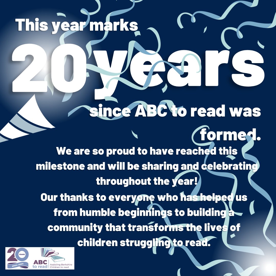 This term, ABC are turning twenty!  
In twenty years our dedicated volunteers have provided over 200,000 reading sessions to children, and there are currently more than 500 children receiving this vital reading support each week. 

 #readinginschool #NeverMoreNeeded