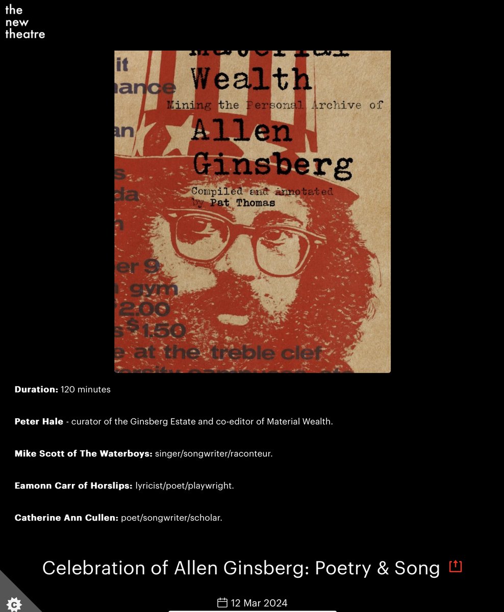 Dublin March 12th 7pm #AllenGinsbergCelebration

#PatThomas author #MaterialWealth/Ginsberg
#PeterHale curator #GinsbergEstate
#MikeScott of #TheWaterboys: singer/songwriter/raconteur
#EamonCarr of #Horslips: lyricist/poet/playwright
#CatherineAnnCullen: poet/songwriter #scholar