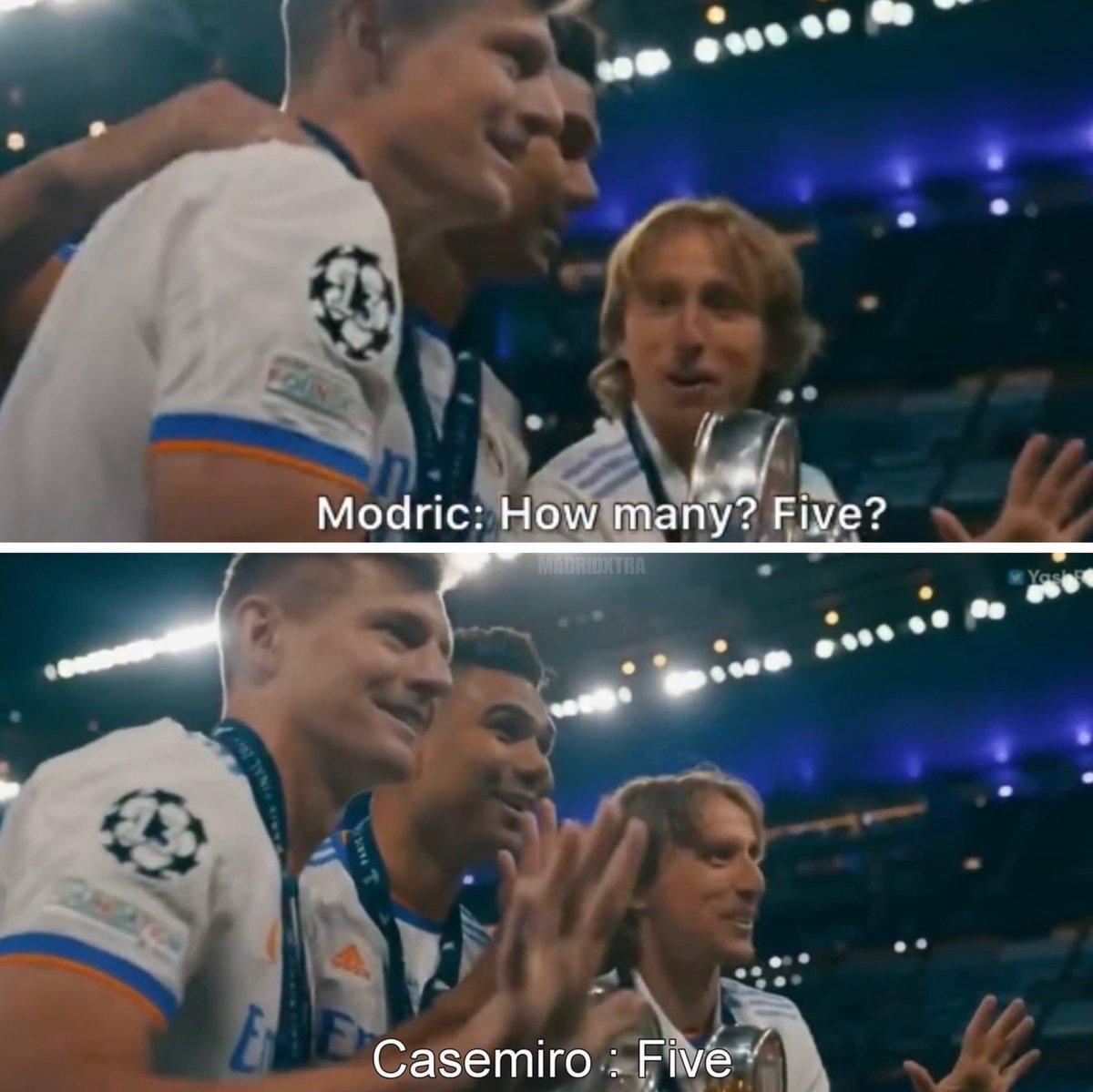 MadridXtra's tweet image. When Luka Modrić lost the count of how many UCLs he’s won. 😂🤍