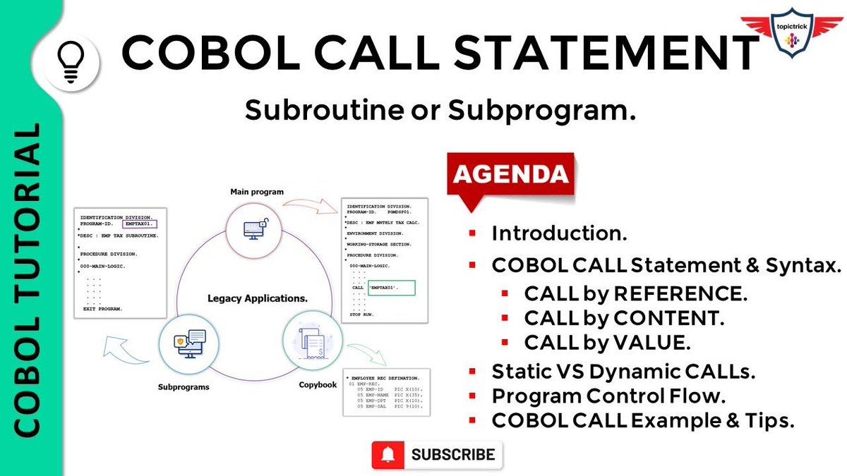 topictrick's tweet photo. In COBOL, the CALL statement is used to invoke a subroutine or a program from another program. This allows for modular programming and reusability of code. https://t.co/3Ke4Qukop1 #cobol #callstatement #jcl #mainframe #happycoding #cics #tutorial https://t.co/BaP3FXJKT7