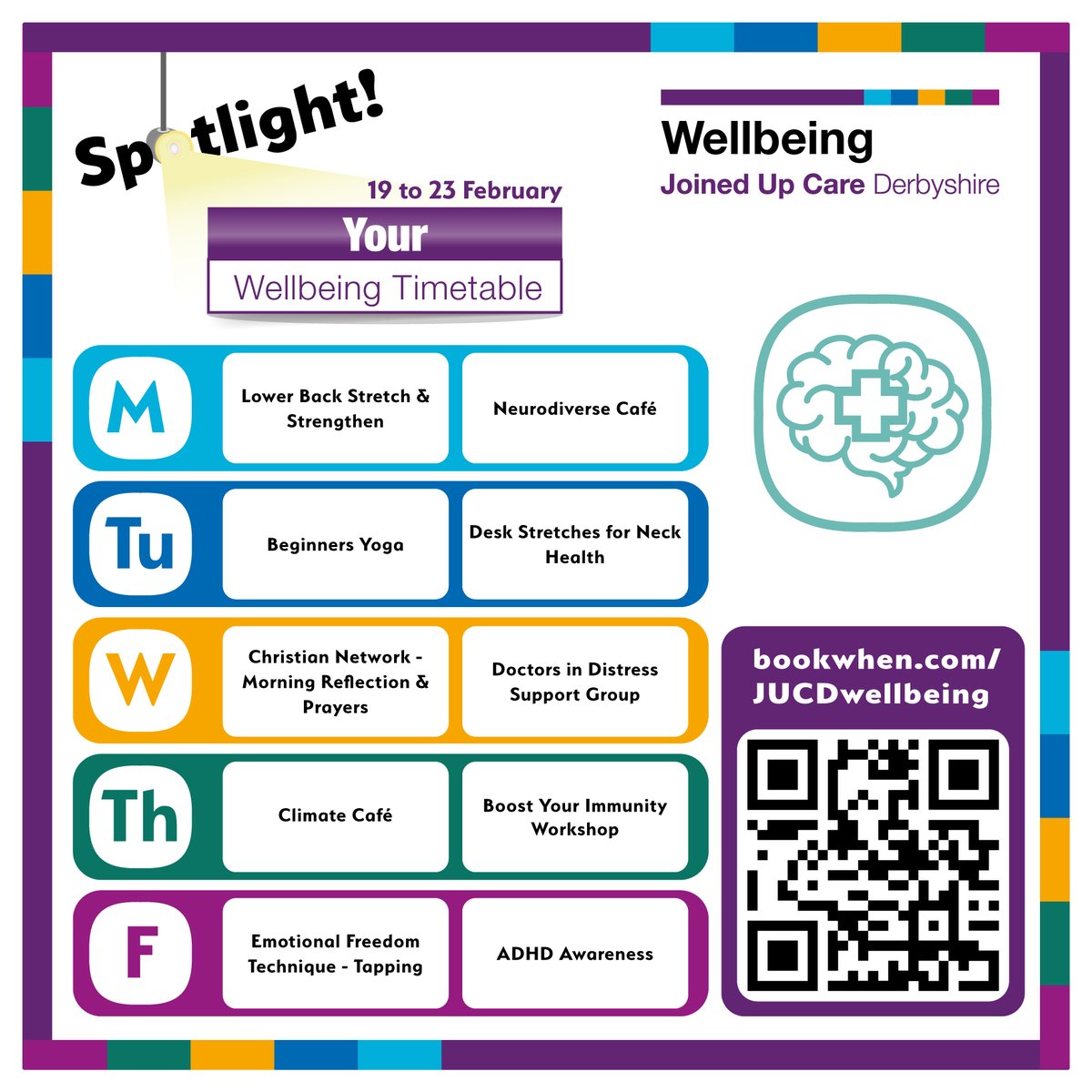 JucdWellbeing's tweet photo. Your Wellbeing Timetable delivers a wealth of support to keep colleagues healthy safe & well.
🔦This week's Spotlight showcases support for:
🧠 Neurodiversity
💪❤️ Physical health & wellness
🧘 Holistic wellbeing
💙 Psychological support
More info ➡️https://t.co/uJeH6iJNgG https://t.co/y95MaXDGee