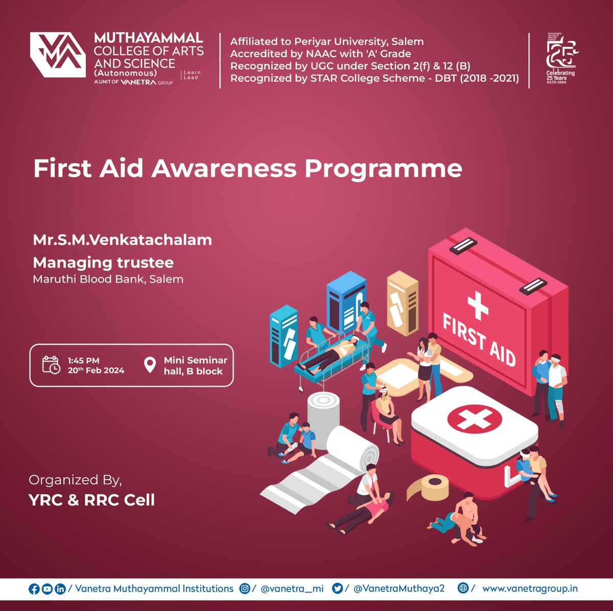 VanetraMuthaya2's tweet photo. Ready to be the difference between life and a close call?
๐ก๐ Join our First Aid Awareness Programme on 20th Feb and arm yourself with life-saving skills.
#vanetra #vanetracares #vanetraevents #FirstAidHero #SafetyFirst #MuthayammalCommunity #FirstAidTraining #BePrepared https://t.co/1wOJlBzSno