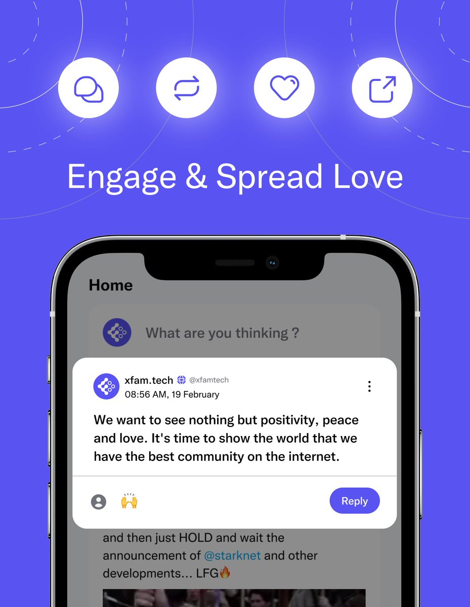 Like your favorite posts to show love within community.

Repost with a click to amplify voices that inspire you.

Engage in meaningful conversations by replying directly to posts.

Share beyond our platform with the click of a button.

Spread the love on #xfamtech! 💙 #StarkNet