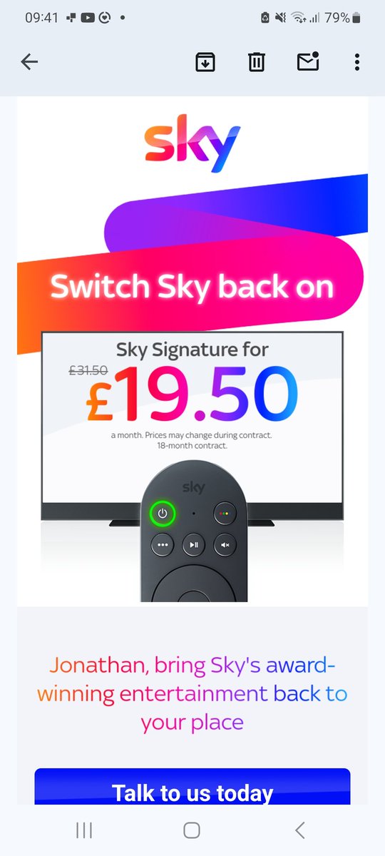 JonnyDTB's tweet photo. @SkyUK  our contract finished you couldn't even offer us the same price as what new customers get. Now we've left for a better offer you are offering the same package at 30% of the price you were trying to offer. Not the way to treat customers. https://t.co/sMJfHzRjo2
