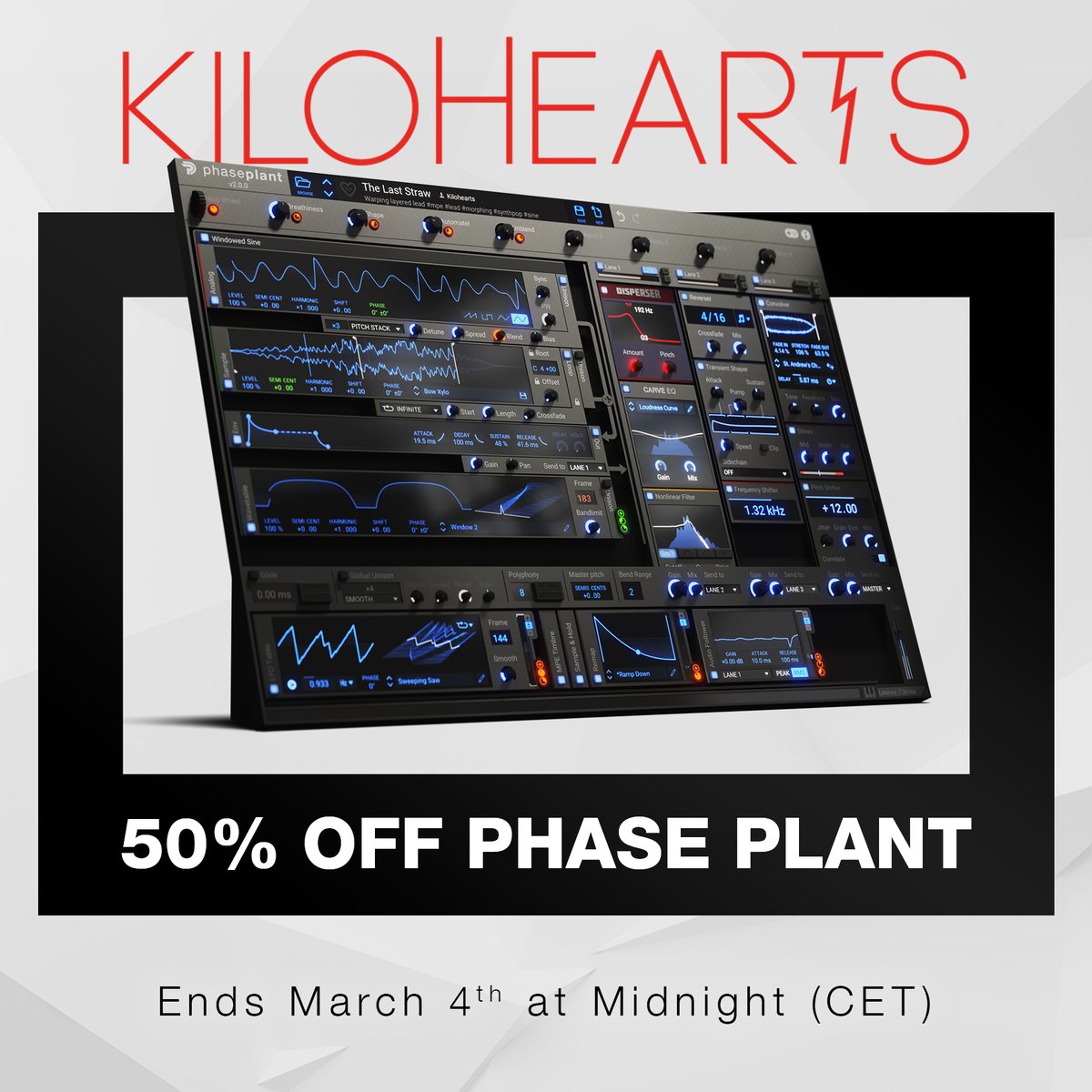 🚨 PHASE PLANT HALF-PRICE SALE! 🚨

For a limited time, we are offering our award-winning flagship synth for just $99. 🔥

👉  kilohearts.com/products/phase…

This offer will expire at midnight on March 4th (CET).