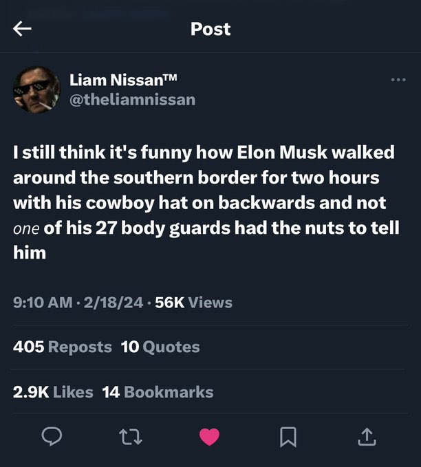 Apparently Elon Musk permanently suspended the user below for the tweet below, and did so on the grounds that comedy is not legal on Twitter when the butt of the joke is Musk himself. So I propose a minor act of harmless Twitter disobedience: RETWEET the hell out of this image.