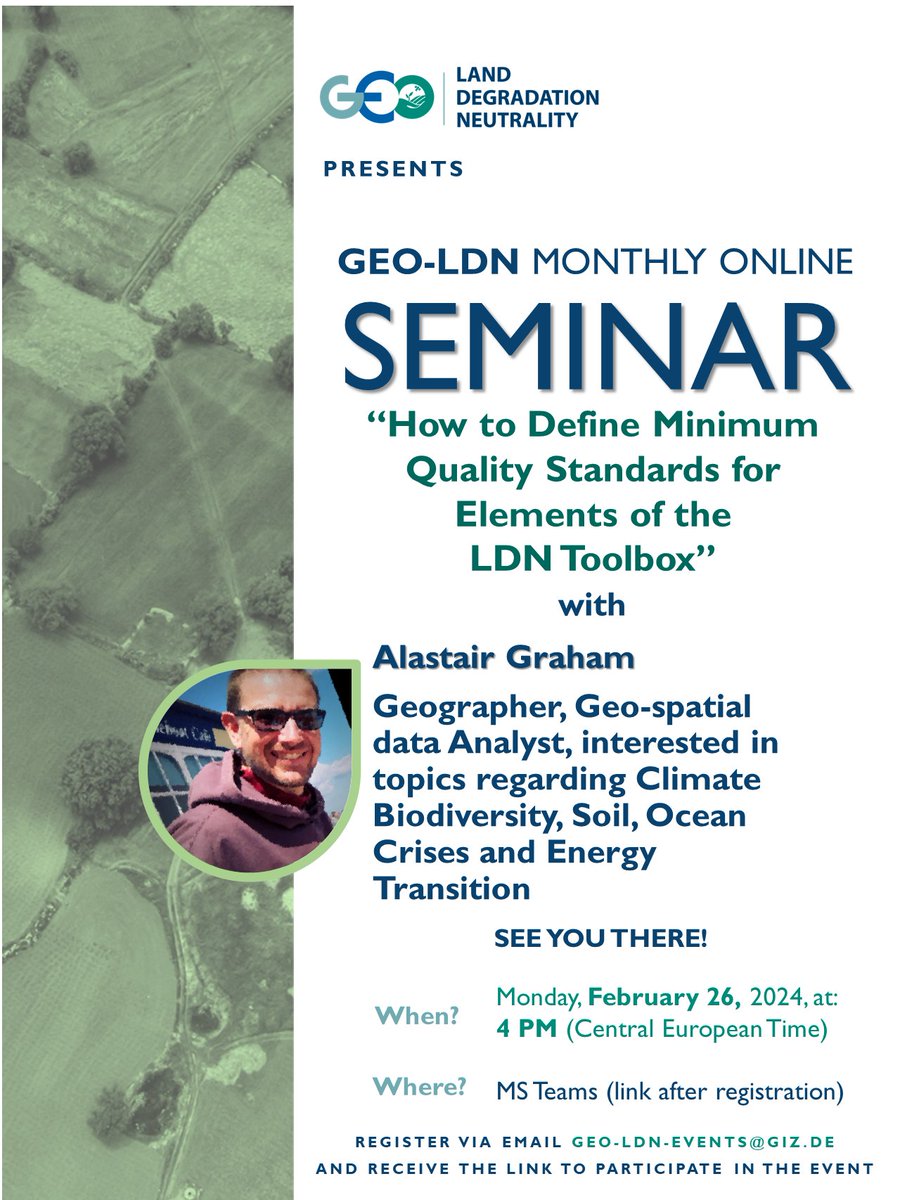 GEO LDN (@geoldn_org) on Twitter photo Join us on Feb 26, 2024, 4-5 PM CEST for the #1 GEOLDN Online Seminar: How to define the minimum quality standard for elements of the LDN Toolbox. Expert insights from Alastair Graham <a href="/ajgwords/">Alastair ๐๐ช๐บ๐ @ajggeoger@vivaldi.net</a>.
Register at geo-ldn-events@giz.de. #LDNToolbox #Qualitystandard Join us on Feb 26, 2024, 4-5 PM CEST for the #1 GEOLDN Online Seminar: How to define the minimum quality standard for elements of the LDN Toolbox. Expert insights from Alastair Graham <a href="/ajgwords/">Alastair ๐๐ช๐บ๐ @ajggeoger@vivaldi.net</a>.
Register at geo-ldn-events@giz.de. #LDNToolbox #Qualitystandard