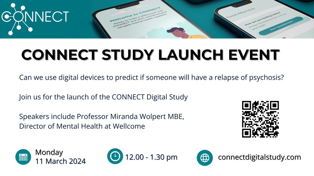 You are invited!

Can we use electronic devices to predict if someone will have a relapse of psychosis? 📱💻

Come along to the launch of CONNECT &amp; hear expert speakers discuss this and more.

📅 Monday 11th March
🕛 12-1.30pm

More info &amp; register now 👉 bit.ly/49C2VWU