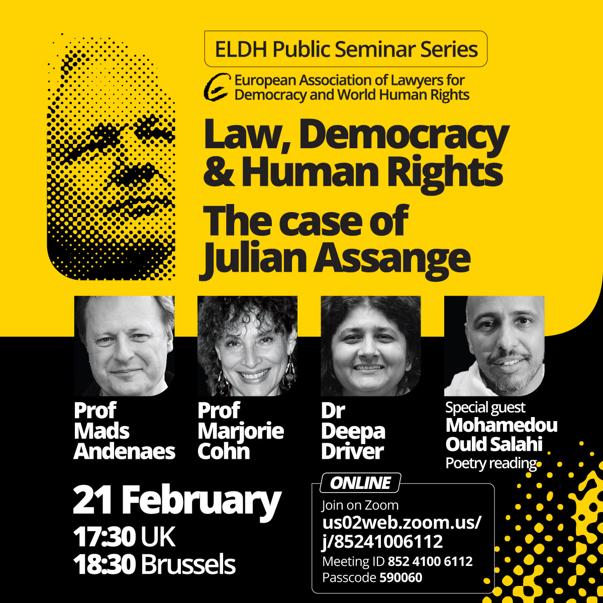 Reminder - register for the Julian Assange webinar - Wednesday, 21 February 2024, 18.30 CET / 17.30 UK immedately after the London High Court decision. eldh.eu/2024/01/the-ca… @giurdem @chdgenelmerkez @ohdgenelmerkez @haldane @VDJinfo #Assange #PressFreedom