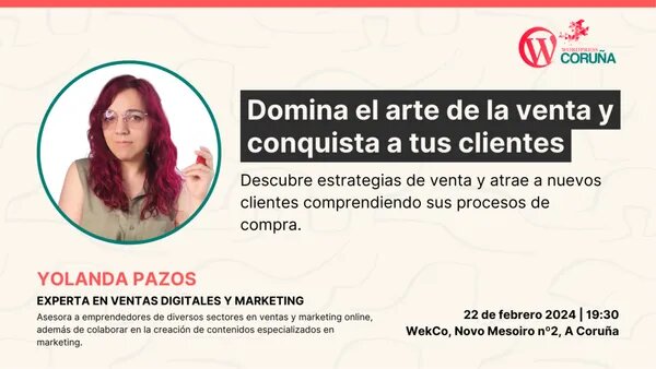 Este jueves 22 de febrero a las 19:30 tendremos una charla con Yolanda Pazos donde analizaremos las estrategias de venta que generan un "match" perfecto entre lo que ofrecemos y lo que nuestros clientes desean.

¡Apúntate!
🔗 meetup.com/wordpresscorun…