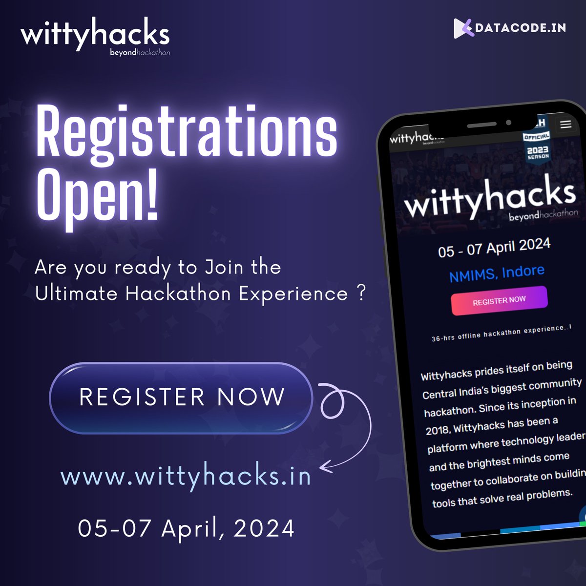 🔥Exciting news for all Hackers!🔥 Registration for Wittyhacks 4.0, the biggest hackathon in Central India, is now open Show us your coding and creativity skills and let's make innovative ideas come alive! Sign up at wittyhacks.in and be a part of this amazing event!