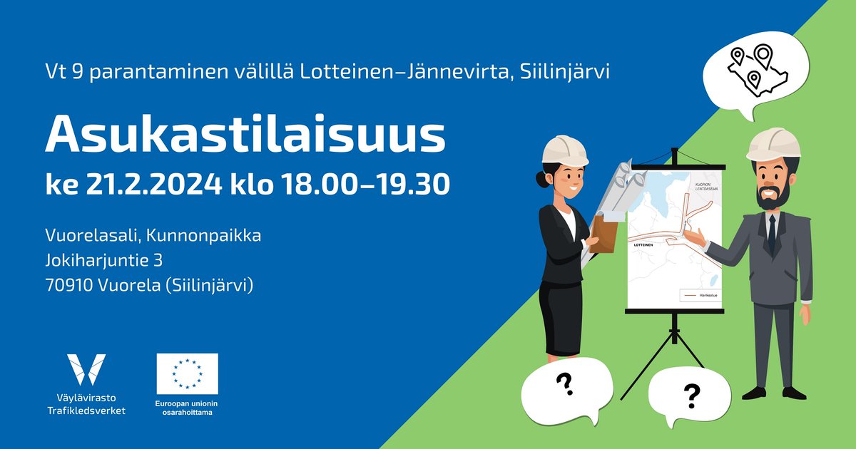 Vt 9 parantaminen välillä Lotteinen–Jännevirta, Siilinjärvi -hankkeen asukastilaisuus 21.2.2024 klo 18.00–19.30 Kunnonpaikassa. Tilaisuudessa esitellään valtatie 9:n parantamishanketta ja töiden aloitusta. Karjalan lennosto on mukana tilaisuudessa. #karlsto #ilmavoimat