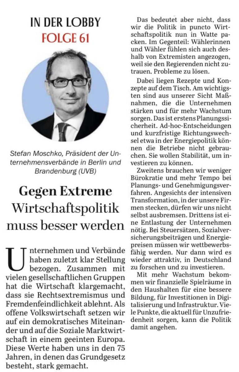 #Rechtsextremismus und Fremdenfeindlichkeit lehnt die Wirtschaft klar ab. Doch die Politik muss auch bessere Entscheidungen treffen und Probleme lösen, damit die Wirtschaft vorankommt, schreibt UVB-Präsident <a href="/stefanmoschko/">moschkostefan</a> heute im <a href="/Tagesspiegel/">Tagesspiegel</a>. 

🌞uvb-online.de/de/newsroom/uv…