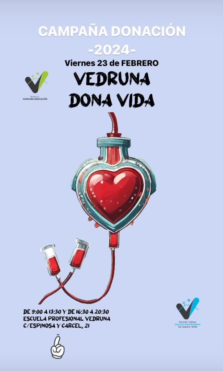 Este próximo VIERNES 2️⃣3️⃣ celebraremos una jornada de #donaciondesangre en nuestra escuela de la mano de <a href="/donantessevilla/">CTS Sevilla</a> 

¡¡Os esperamos a todos!!

#donaresvida #donasangredonavida #somosvedruna #vedrunasolidaria