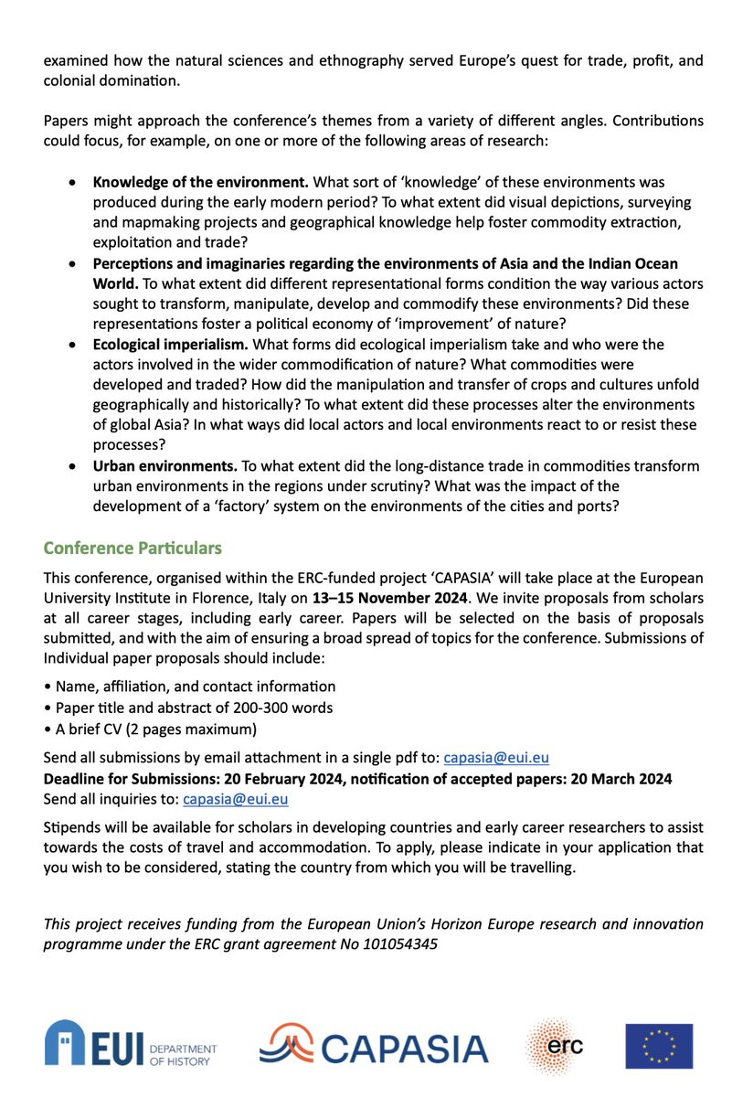 📢📢Ragazzi, only *48* hours to apply for the ERC CAPASIA international conference 'Commodities and Environments in Early Modern Global Asia, 1400-1800', 13-15 Nov2024 @EUI_History in Fiesole. Bursaries available for scholars from Global South. Shoot your abstracts!