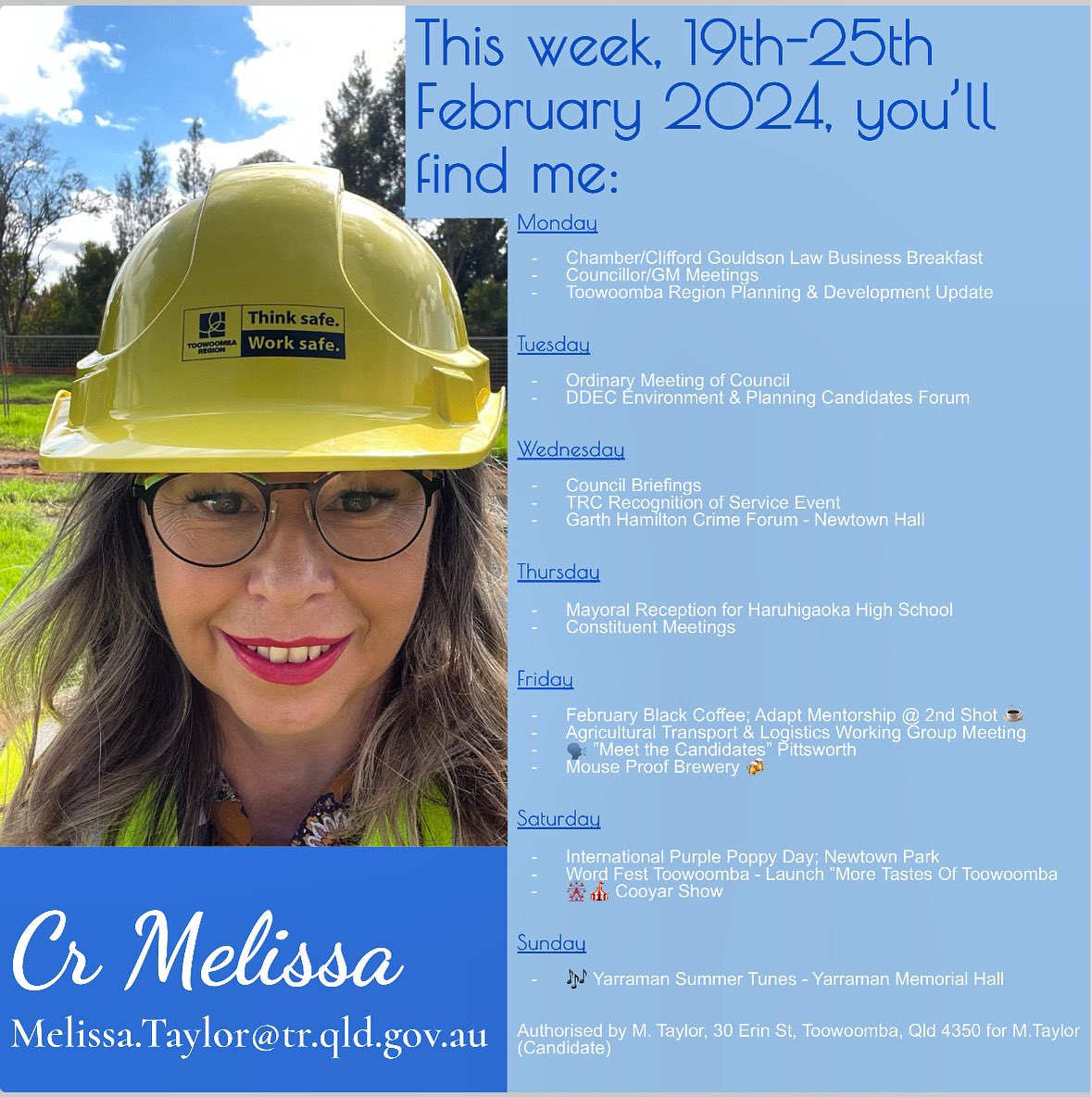 #whereyoullfindme 
👉🏻 councillormelissataylor.com
#toowoombaregion #morethanjustapostcode #adventuresinourregion #councillorlife #richtraditionsboldambitions  #whybeordinarywhenyoucanbeextraordinary 
Authorised by M. Taylor, 30 Erin St, Toowoomba, Qld 4350 for M. Taylor (Candidate)