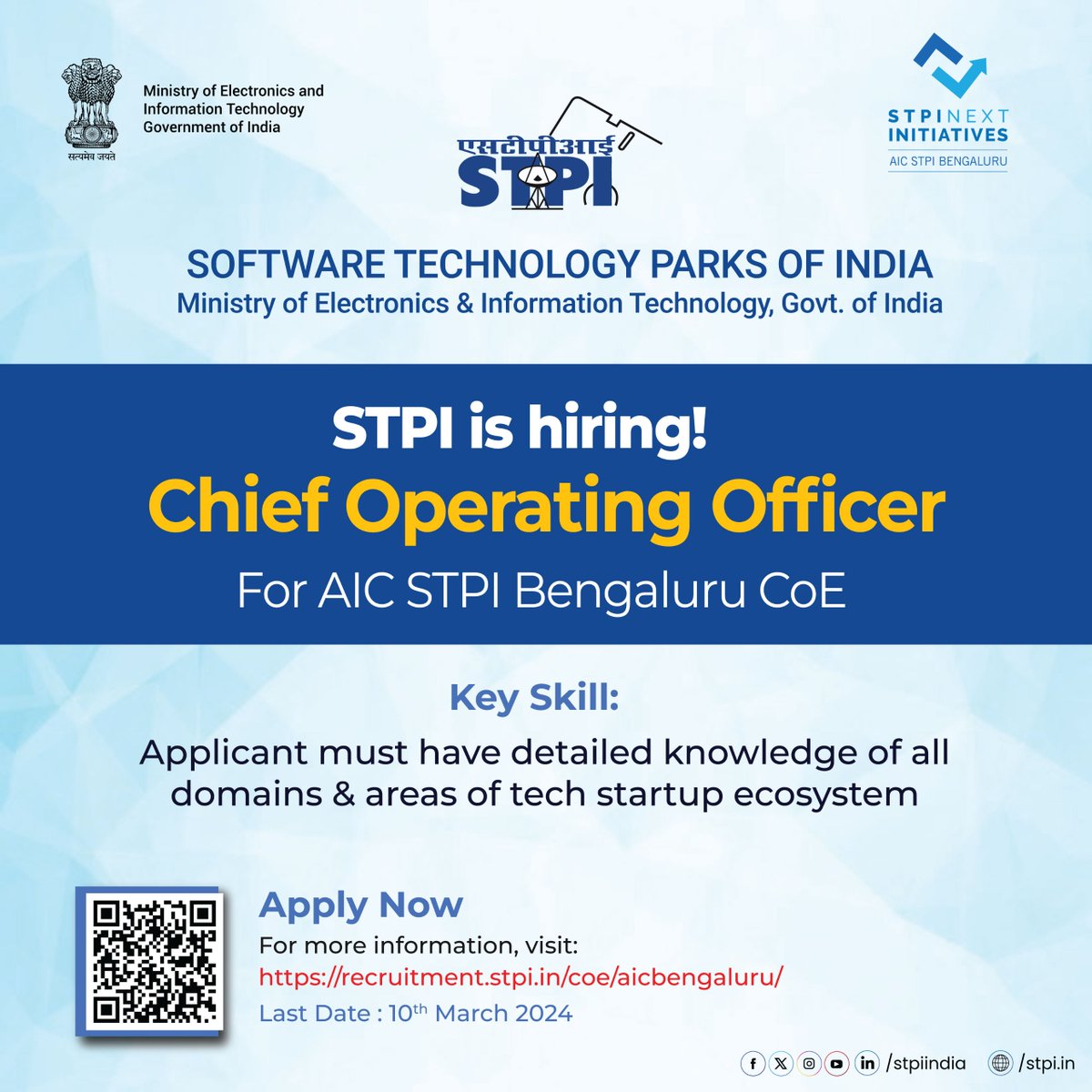 📌 #Hiring Alert! STPI is inviting applications from eligible candidates for filling the #vacancy of Chief Operating Officer (COO) for AIC STPI Bengaluru, Centre of Entrepreneurship. ❗️Deadline: 10.03.2024 🔴 APPLY: recruitment.stpi.in/coe/aicbengalu…