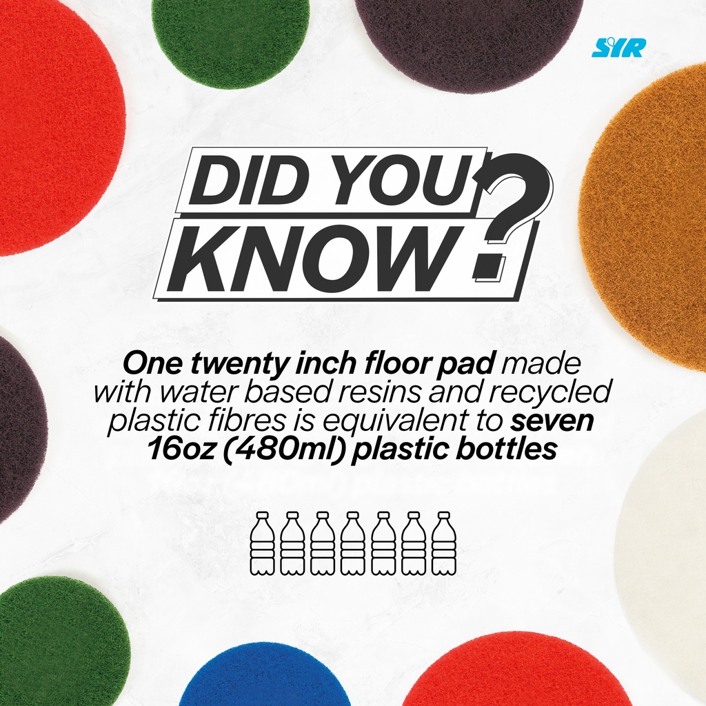 Crafted from 100% recycled PET plastics and water-based resins, each 20-inch pad incorporates the equivalent of seven 16oz plastic bottles. 🌍💚

#SustainableSolutions #RecycledMaterials #SYR #syrclean