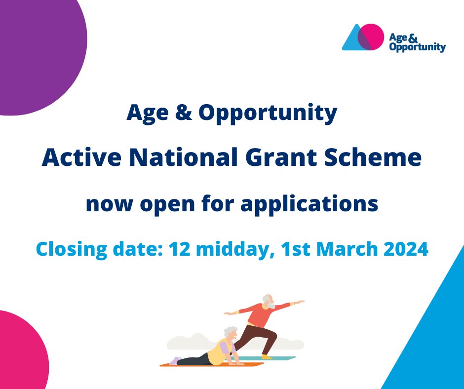 📣𝗢𝗻𝗹𝘆 𝟮 𝘄𝗲𝗲𝗸𝘀 𝘁𝗼 𝘁𝗵𝗲 𝗰𝗹𝗼𝘀𝗶𝗻𝗴 𝗱𝗮𝘁𝗲! Have you applied for the Active National Grant Scheme yet? Check out our website for information on how you can apply for a grant for your group/organisation: ow.ly/oeEq50QwcI8 #AgeandOpportunity @sportireland