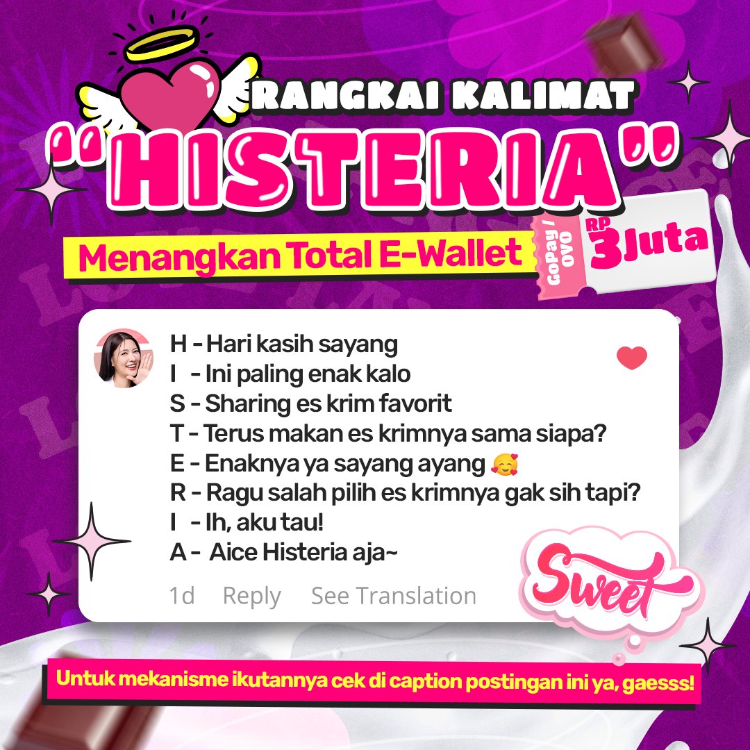 aiceindonesia's tweet photo. Ini kan konten yang Teman Aice mau?😋

Cuss Mimin mau liat kreativitas klean buat ngerangkai kalimat dari kata "HISTERIA"🥳🤩

Cek dulu cara ikutannya👇🏻👇🏻👇🏻

(1/7) https://t.co/APUsQbDw3x