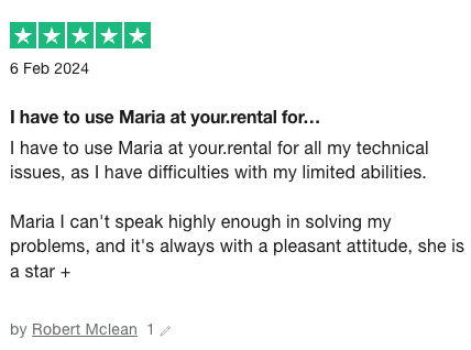 At <a href="/Your_Rentals/">Your Rentals</a>, our ethos and approach revolve around a committed support team that is deeply ingrained in our strategy and DNA to guarantee your #STR success.

Thank you Robert for your kind words &amp; Maria for outstanding support ❤️

#YourRentals #CustomerSuccess