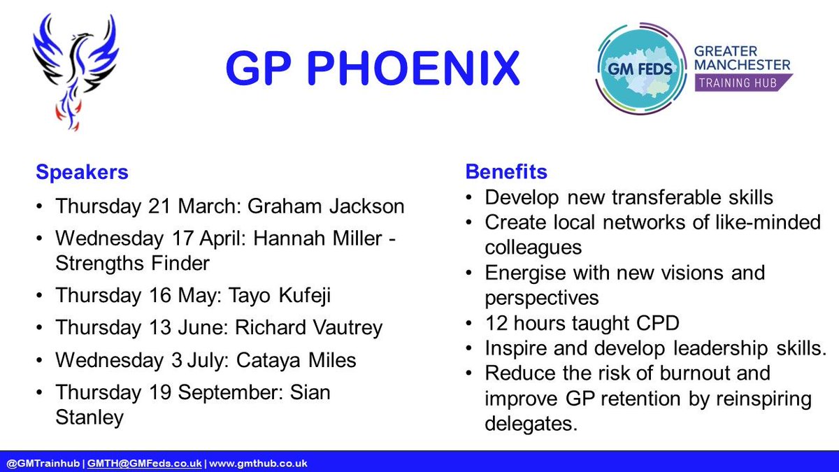 Greater Manchester Training Hub (@gmtrainhub) on Twitter photo Applications for the next intake to the Greater Manchester GP Phoenix programme are now open until the 7th of March.
Empowering and energising GP’s, helping them to turn their job back into a career!
Find out more and apply here 👉phoenixgp.co.uk Applications for the next intake to the Greater Manchester GP Phoenix programme are now open until the 7th of March.
Empowering and energising GP’s, helping them to turn their job back into a career!
Find out more and apply here 👉phoenixgp.co.uk