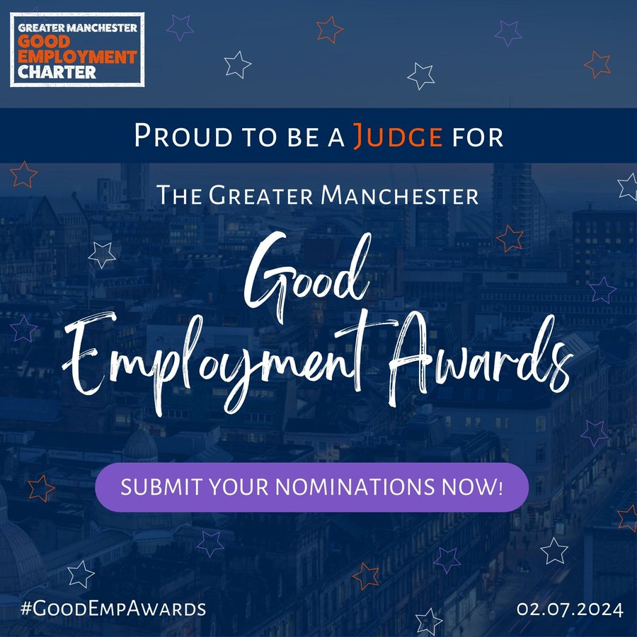 We're really proud our colleague Jo McMahon is a judge for the #GoodEmpAwards2024! The GM Manchester Good Employment Charter is looking for good practice in engagement, inclusion, & health and wellbeing practices from organisations. Submit a nomination: ow.ly/5NjB50QxGA6