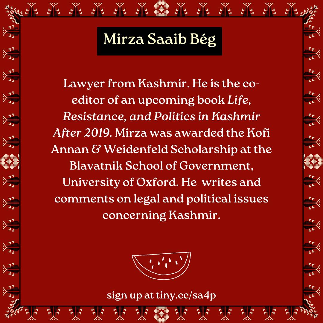 2/n @M_S_Beg will speak about #politicalprisoners in #Kashmir, shared experiences and differences with #Palestine and how the Indian state has learnt from the Israeli state. Signup: tiny.cc/sa4p