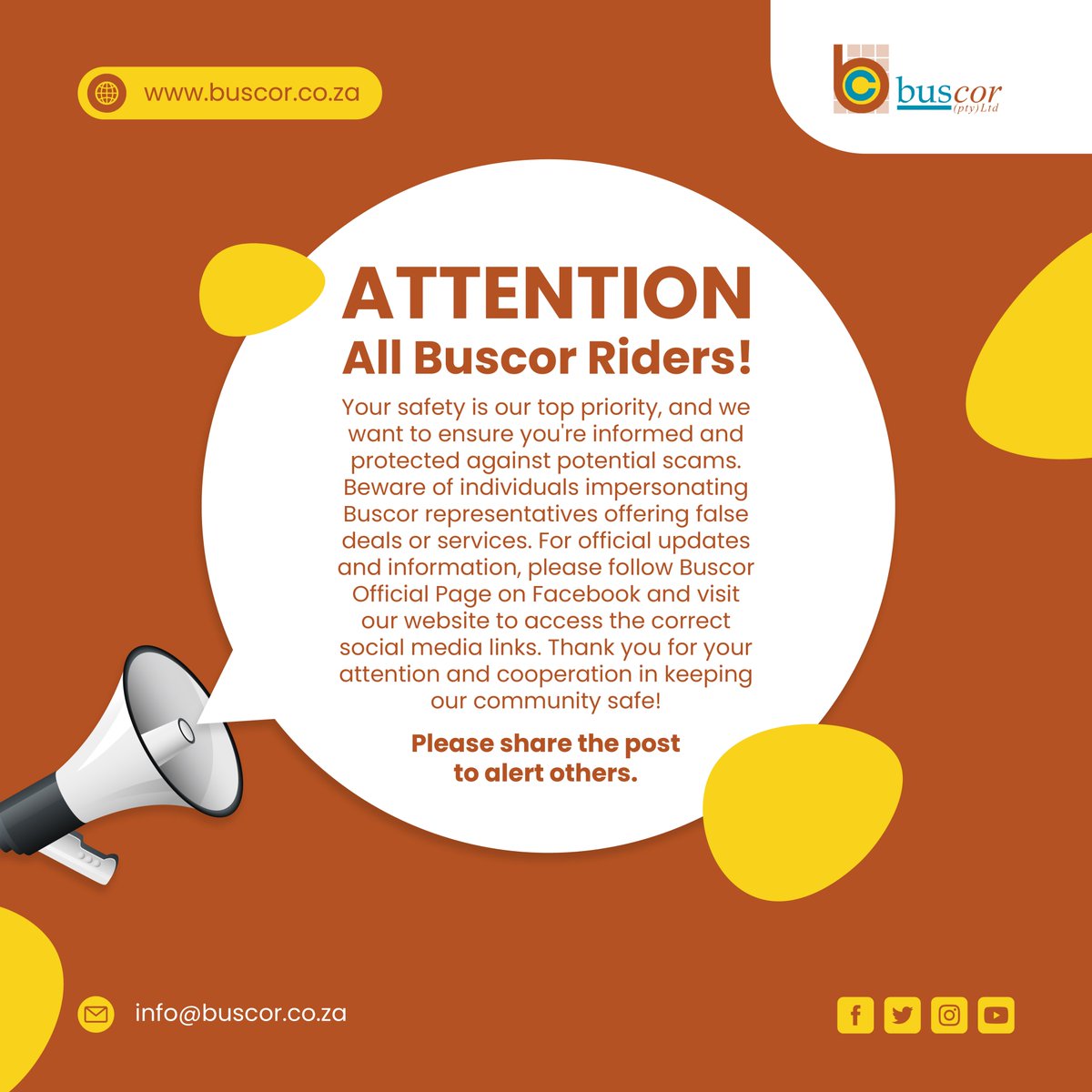 To stay updated with official announcements and accurate information, we urge you to follow the Buscor Official Page on Facebook and visit our website for verified social media links.
#Buscor #SafetyFirst #CommunityAlert #StayInformed #PublicTransportSafety