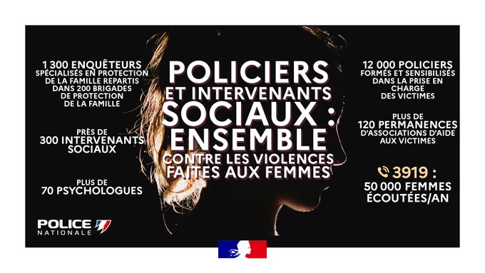 [#ViolencesFaitesAuxFemmes] Pour qu’aucune violence ne reste sans réponse, les policiers et les intervenants sociaux restent mobilisés au quotidien. Des professionnels sont à votre écoute au 3919. En cas de danger grave et imminent, composez le 17.