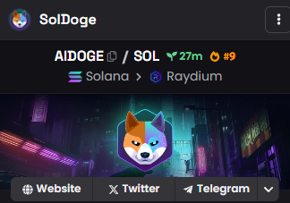 SolDoge_AI's tweet photo. Dexscreener updated ✅
Top 9 on dexscreener ✅
Top 1 incoming for $AIDOGE 

Chart : https://t.co/xaljlicKrh https://t.co/V9OX0XLI5p