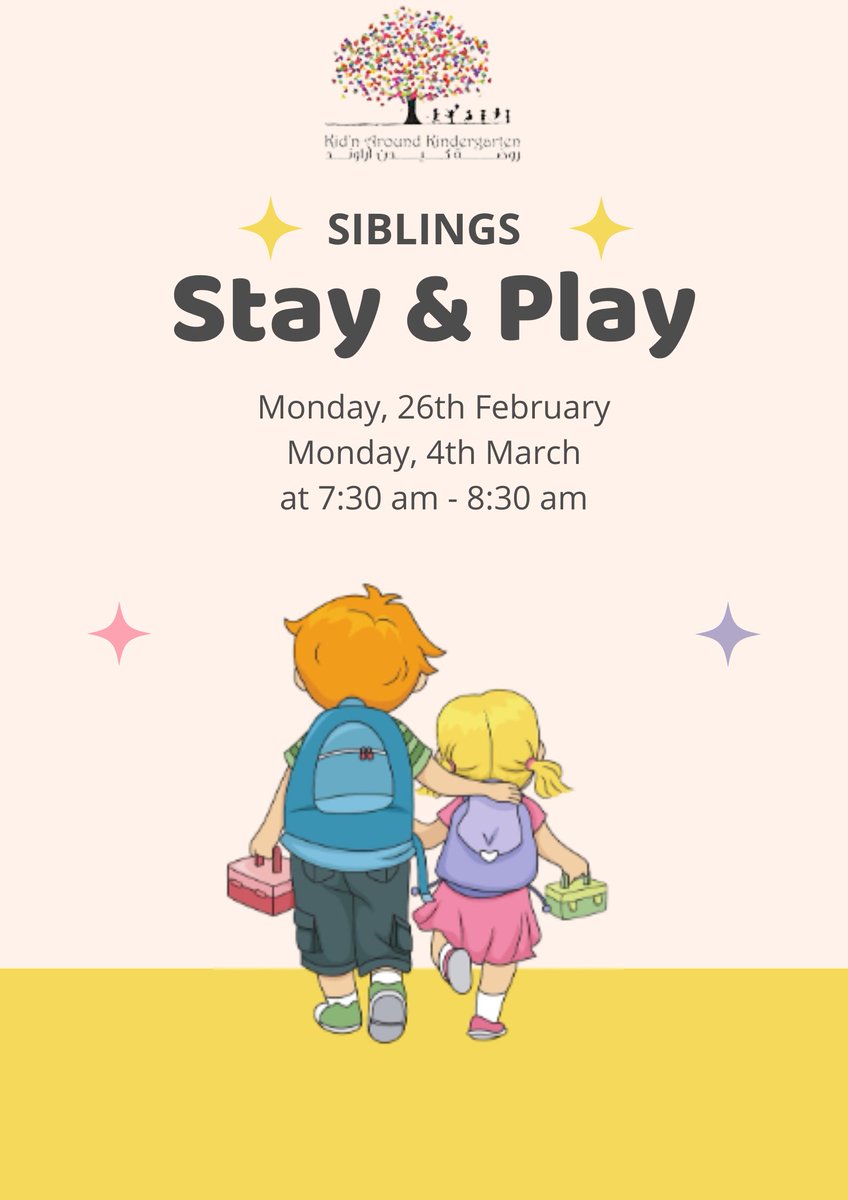 kidnaroundkg's tweet image. We invite all children aged 2 and 3 years old to join our stay-and-play sessions when they drop off their siblings at school on the mentioned days.
#stayandplay #MorningFun #EFYS #Siblings #Play #Kindergarten #KidnAroundKindergarten #kindergartenlife #EarlyYears #Doha #Qatar