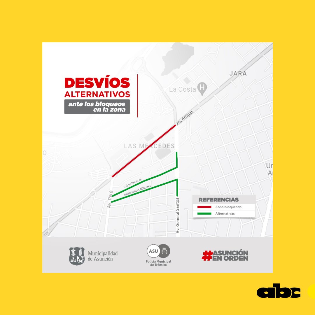 ABCDigital's tweet photo. #TransitoASU |📍Informamos a la ciudadanía que agentes de la Policía Nacional bloquearon la Avenida Artigas desde Francisco Cusmanich hasta Perú, debido a una movilización de indígenas en el sitio.
La PMT se encuentra dirigiendo el tránsito en:
📍Avda. Artigas y Gral. Santos.
📍Gral. Santos y Concordia.