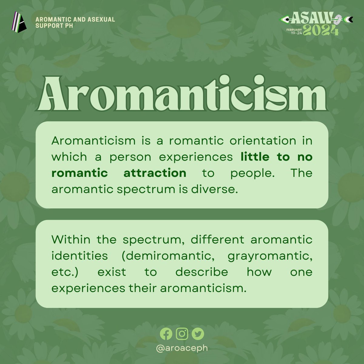 aroaceph's tweet photo. What is aromanticism?

For this ASAW, AASP has a series of short infographics to discuss topics that are relevant to the aro spectrum. Today is about aromanticism and what it may look like 💚

For the text version, please check this master document: https://t.co/hCtCgeurO5 https://t.co/q7L8LT0e3k