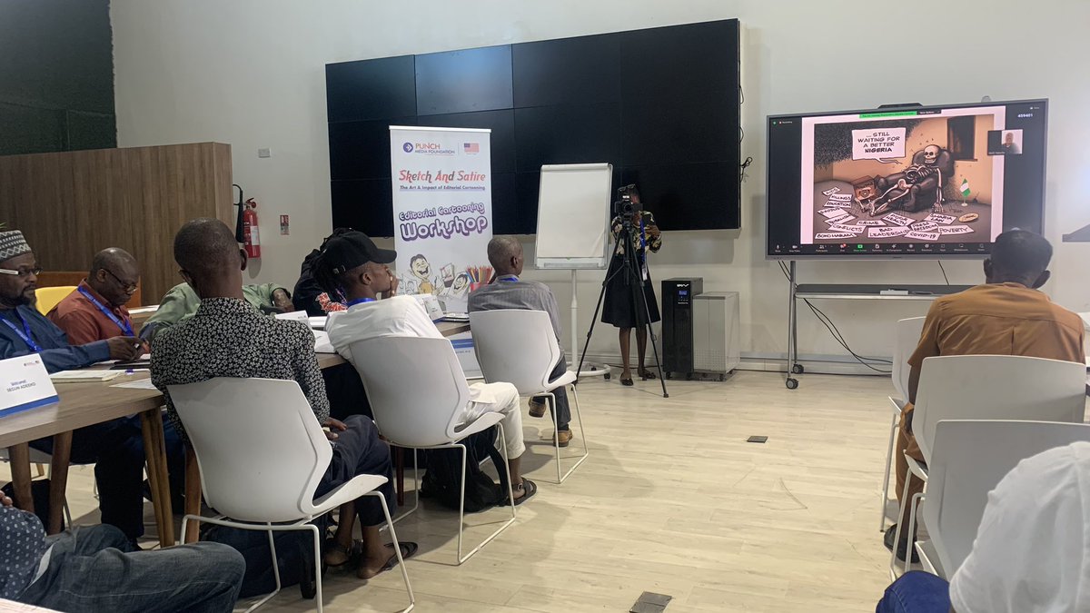 Tayo Fatunla  <a href="/FatunlaTayo/">TAYO Fatunla</a> giving a brief about the history and impact of Editorial cartoons in Nigeria at the Editorial Cartooning Workshop organized by <a href="/PMF_punch/">Punch Media Foundation</a> and <a href="/USinNigeria/">U.S. Mission Nigeria</a>