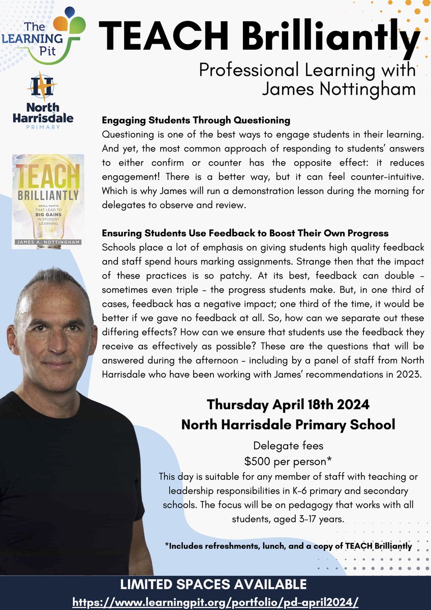 APIS - Association for Philosophy in Schools inc. (@apisinc) on Twitter photo Donโt miss James Nottingham, co-founder of P4C.com and creator of The Learning Pit inย Perth in April. Registration includes refreshments and a copy of James' new book,ย Teach Brilliantly. <a href="/JamesNottinghm/">James Nottingham</a>ย ย learningpit.org/portfolio/pd-aโฆ Donโt miss James Nottingham, co-founder of P4C.com and creator of The Learning Pit inย Perth in April. Registration includes refreshments and a copy of James' new book,ย Teach Brilliantly. <a href="/JamesNottinghm/">James Nottingham</a>ย ย learningpit.org/portfolio/pd-aโฆ