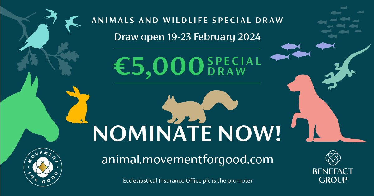The first special draw of 2024 is underway Nominate an animal & wildlife charity in the #movementforgood programme between now and the 23rd of February and they could be awarded €5,000! animal.movementforgood.com/#nominateAChar…