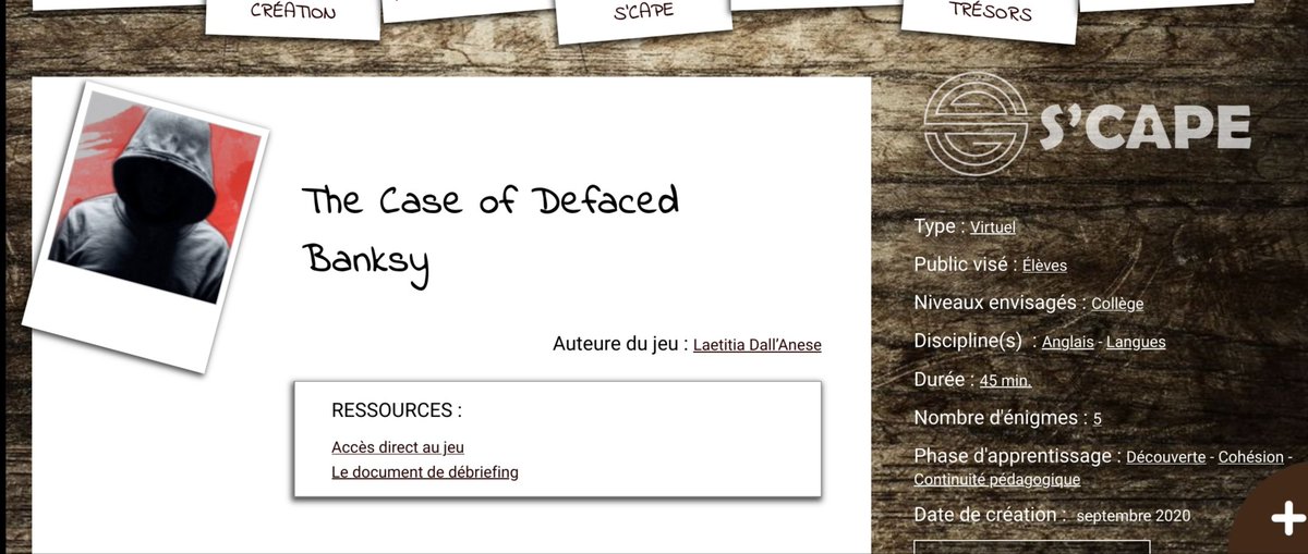 ScapEdu's tweet photo. The Case of Defaced Banksy

Un #escapegame virtuel simple et bien ficelé de Laetitia Dall'Anese sur l'univers de Banksy, en #anglais #college #cycle4

👉 Sur S'CAPE : https://t.co/3CluUFXm8y https://t.co/pPneOkWmSG