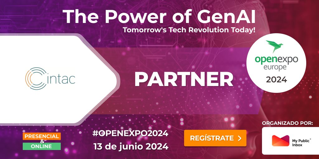 Contentos y felices de contar con <a href="/cintac_es/">Cintac.es</a> 
como Sponsor en la edición más esperada de <a href="/OpenExpoEurope/">OpenExpo Europe</a>  by <a href="/mypublicinbox/">MyPublicInbox</a> .
The power of GenAI. 13 de Junio 2024 - Madrid <a href="/LaNaveMadrid/">La Nave</a>  y online. 
 eventbrite.es/e/entradas-ope…
#OPENEXPO2024 #AI #IA #GenAI