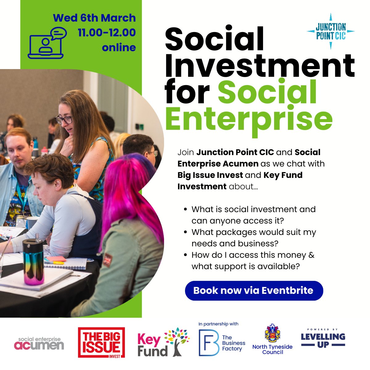 📣 Are you a social enterprise looking to grow but not sure how to access funding to make this happen?

Join @JunctionPointUK, @SocEntAcumen, @BigIssueInvest and @KeyFund for a one-hour lunch time webinar exploring what social investment could mean for your social enterprise 👇