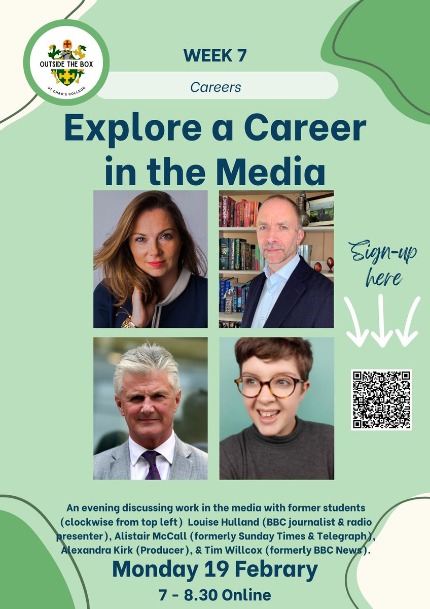 TONIGHT stars of the stage, screen, airwaves and... column? to talk about their experiences of working in the media for any and all current college students! Booking needed here t.ly/C6gtW @StChadsJCR @StChadsMCR