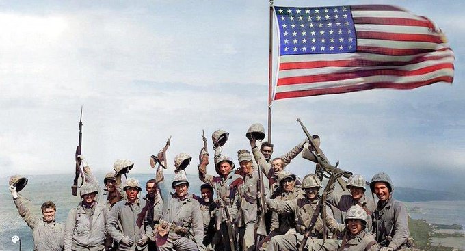 My Boys after the second flag raising on Iwo Jima 1945, many in this photo wouldn't make it home. Heroes!