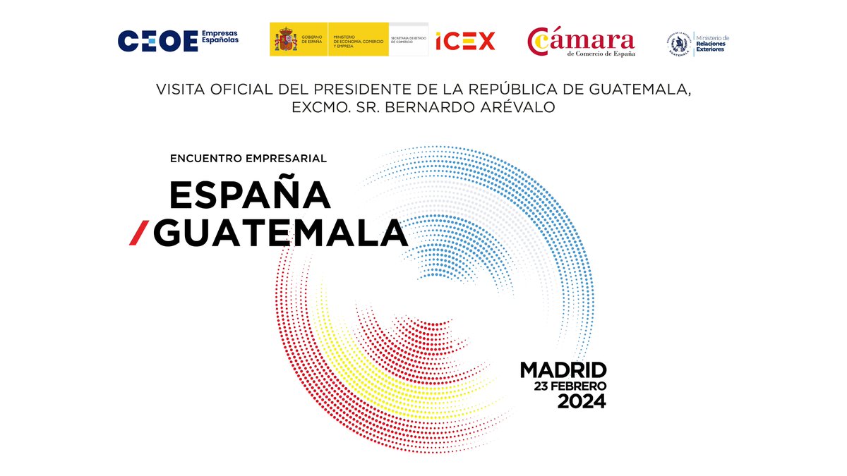 El presidente de #Guatemala, @BArevalodeLeon, se reunirá con #empresarios españoles para presentar oportunidades de negocio e #inversión en el país. 📅Viernes 23 de febrero ⏰9:30 CET 🏨En la sede de @CEOE_ES Conozca las posibilidades de #cooperación bilateral. ¡Le esperamos!