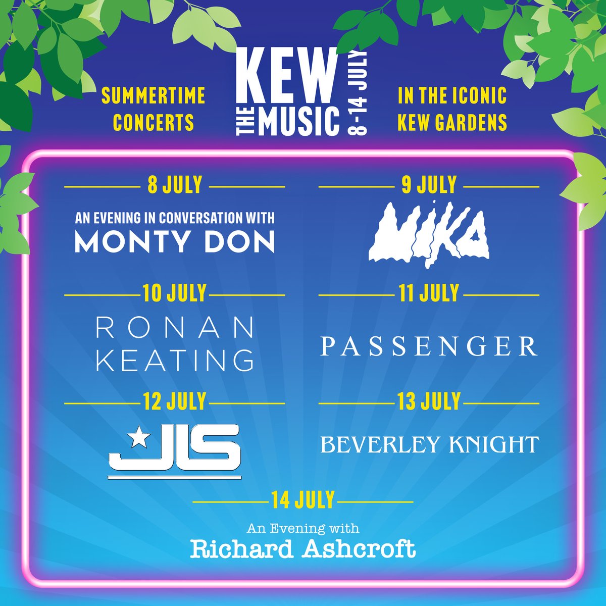 🌷 Full line up for our summer concerts is here! Beverly Knight, Ronan Keating, Monty Don, Mika, JLS, and Richard Ashcroft are confirmed for performances at out botanical gardens 🌿 Tickets on sale this Friday!