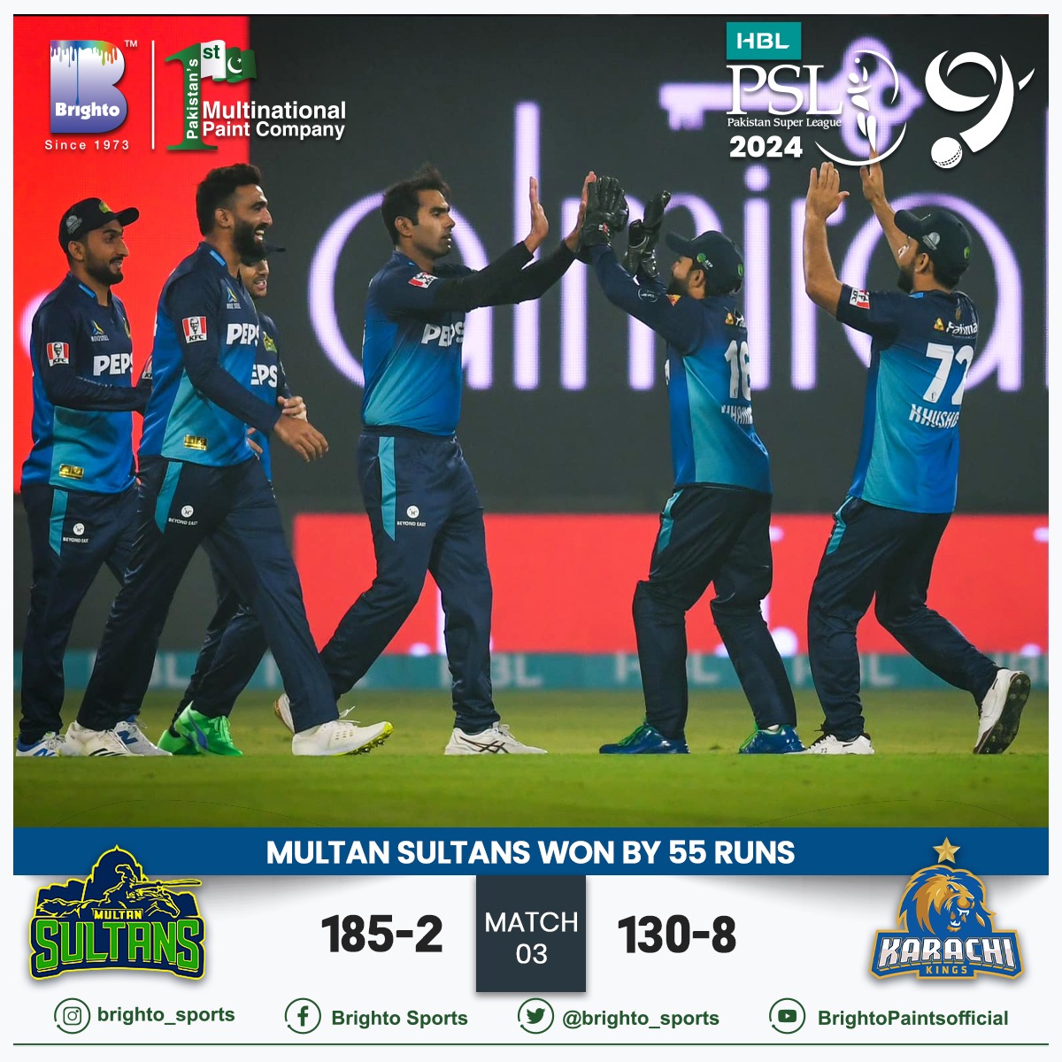 Multan Sultans won the match by 55 runs and defeated team Karachi Kings in the 3rd match of PSL 9.
#BrightoPaints #Brightoturns50 #BrightoGroup #Since1973 #BrightoSports #PSL9 #PSL2024 #Pakistan #cricketfever #50YearsOfExcellence #winner