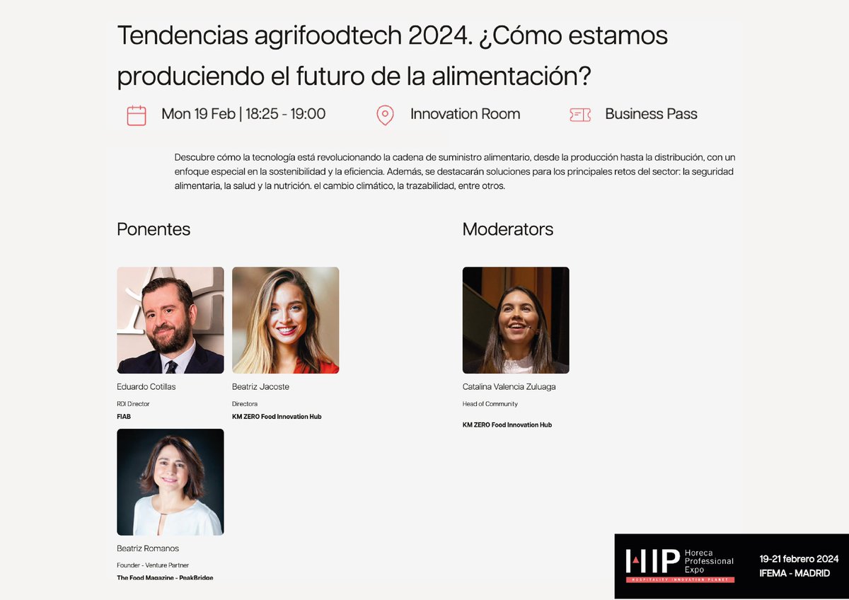 ¡Arrancamos la semana a tope! 💥 
Hoy presentamos nuestro nuevo informe #Fooduristic24  y luego estaremos participando en una mesa redonda 'Tendencias #agrifoodtech 2024'. ¿Cómo estamos produciendo el futuro del sector? 🌱 
📍en @expohip- Madrid 
#HIP24