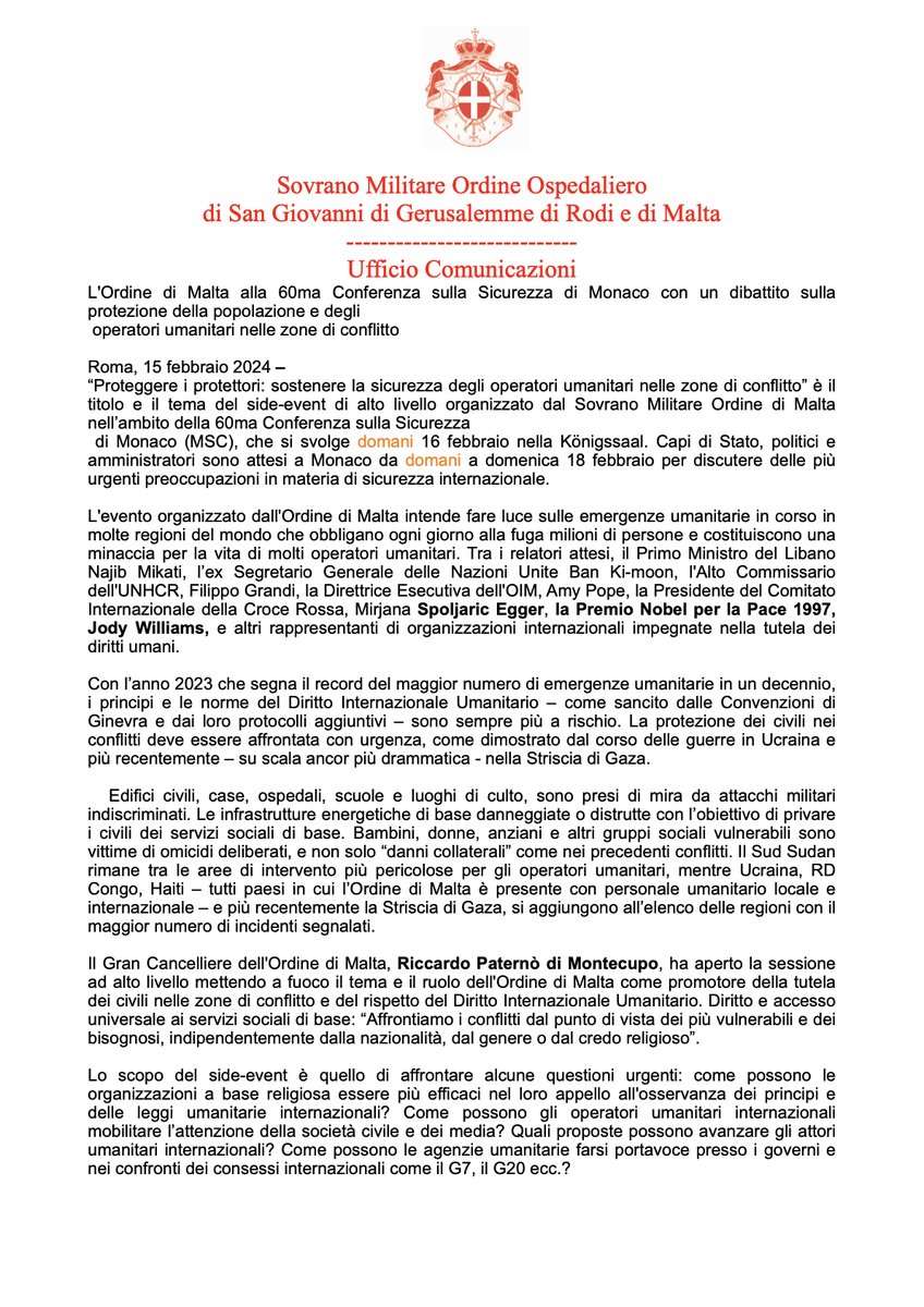 OrdineMaltaRoma's tweet photo. L'Ordine di Malta alla 60ma Conferenza sulla Sicurezza di Monaco con un dibattito sulla protezione della popolazione e degli operatori umanitari nelle zone di conflitto
https://t.co/cf0I6vH9ex.
#orderofmalta #orderofmalta_official #ordinedimaltaitalia #ordinedimalta #cisom https://t.co/rlPyP4UJrw