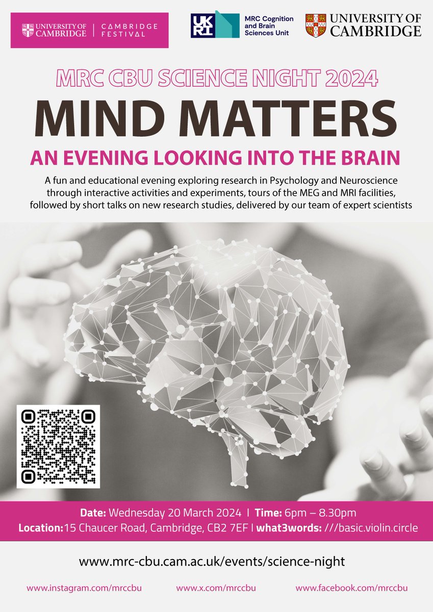 @mrccbu are excited to announce the #CamFest2024 open evening ‘Mind Matters: An evening looking into the brain’ on Wednesday 20 March from 6pm. Enjoy hands-on activities, tours of Unit facilities and excellent short talks. Full details: mrc-cbu.cam.ac.uk/events/science… @Cambridge_Fest
